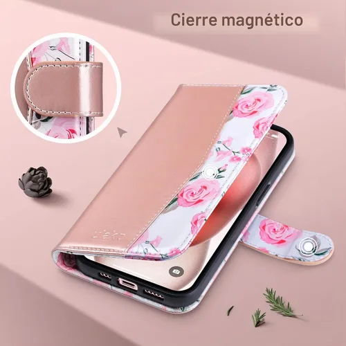 Vista 8 de ULAK Funda tipo billetera compatible con iPhone 15 para mujeres, funda tipo cartera con estampado floral de piel PU premium con porta tarjetas Negro
