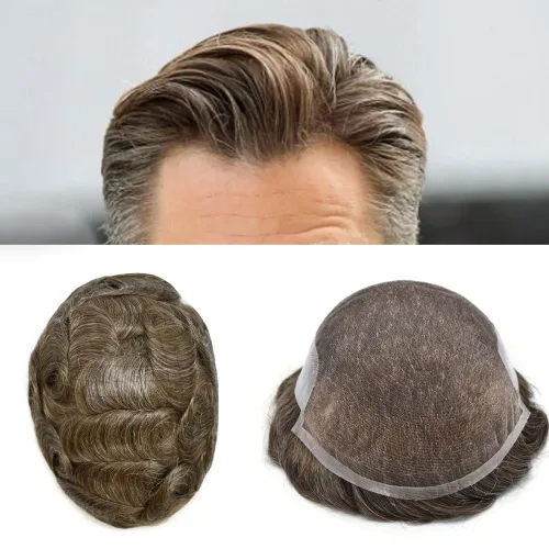 Vista 45 de Pieza de pelo para hombre, cabello humano real, suave encaje suizo frontal, tupé para hombres, sistema de cabello, extensiones capilares para hombre