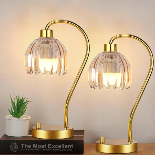 Vista 8 de ILLMTW Juego de 2 lámparas de mesa de vidrio, pequeñas lámparas doradas para mesita de noche regulables estilo bohemio para dormitorio con pantalla