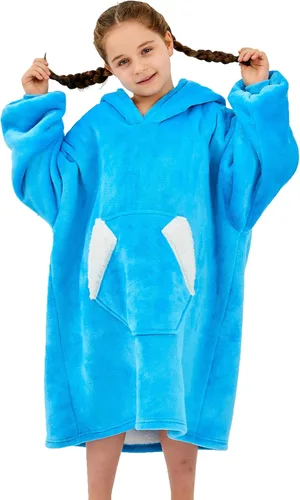 Ramees - Manta portátil con capucha para niños, sudadera de sherpa de gran tamaño, franela con bolsillo en la capucha y mangas (Azul)