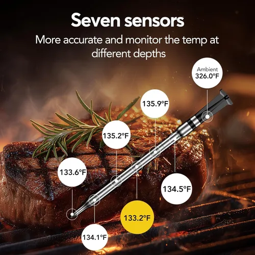 Vista 2 de BBQOVN Termómetro inalámbrico WiFi Sub-1G para carne, rango ilimitado, 7 sensores certificados NIST con temperatura ambiente, 2 formas de monitoreo