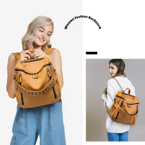 Vista 7 de Roulens Mochila de cuero para mujer, bolso de hombro grande para mujer, bolso de viaje para mujer