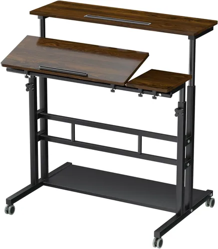 Vista 8 de AIZ Carrito de escritorio ajustable para computadora con ruedas, estación de trabajo de oficina en casa, mesa alta portátil para computadora Negro