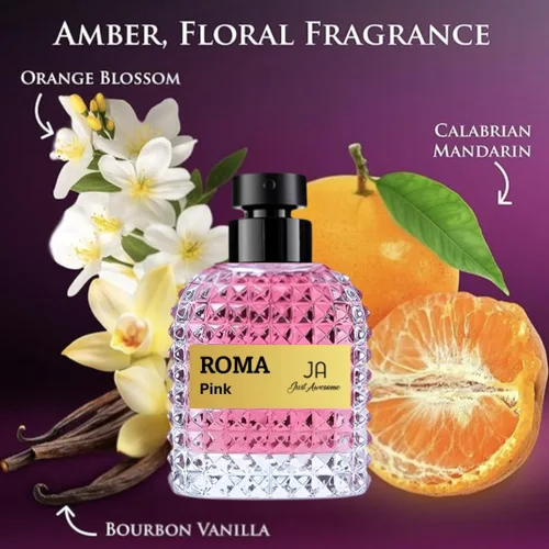Vista 5 de ROMA PINK EDP Perfume Mujer – Aroma Floral Ámbar – Flor de Azahar, Base de Vainilla de Madagascar que emite un cálido aroma dulce – Elegante botella