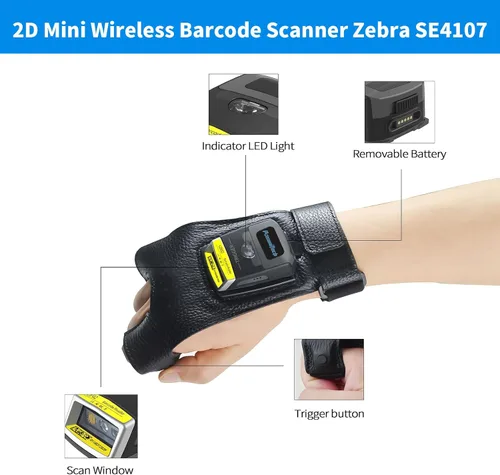 Vista 7 de Guante escáner de código de barras 2D GS02 portátil Zebra SE4107 lector IP65 táctil escáner NFC soporte multiidioma para almacén, sistema de gestión