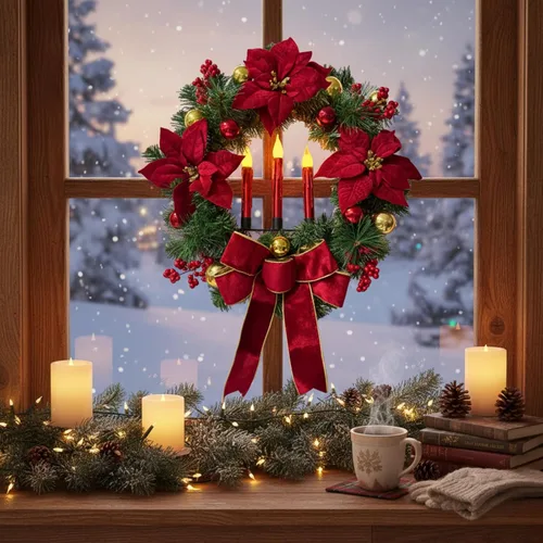 Vista 8 de Corona de Navidad de 21 pulgadas iluminada con flores de Navidad de Poinsettia para puerta delantera con velas rojas sin llama, adornos de bola