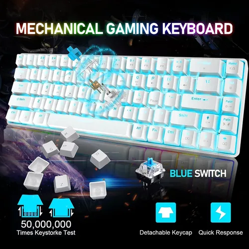 Vista 2 de Combo de teclado y mouse mecánicos 60% para juegos con mini ergonómico, anti-fantasma, retroiluminación múltiple de 68 teclas, 6400 DPI, ratones