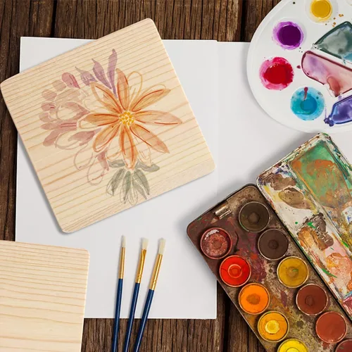 Vista 4 de Paquete de 26 posavasos de madera sin terminar, posavasos cuadrados de madera en blanco de 4 pulgadas con puntos de silicona antideslizantes