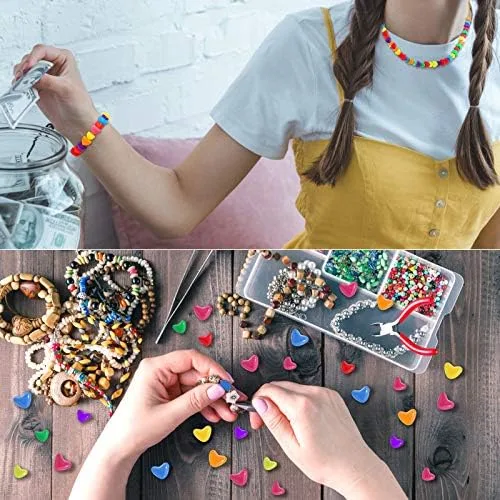 Vista 5 de Hicarer Cuentas de pony de corazón de agujero grande a granel para manualidades, multicolor, cuentas acrílicas, pulseras, collares de arco iris