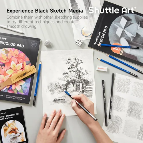 Vista 5 de Shuttle Art Kit de dibujo de 103 piezas, suministros de dibujo profesional con boceto, carbón, colores, grafito, lápices y palos pastel