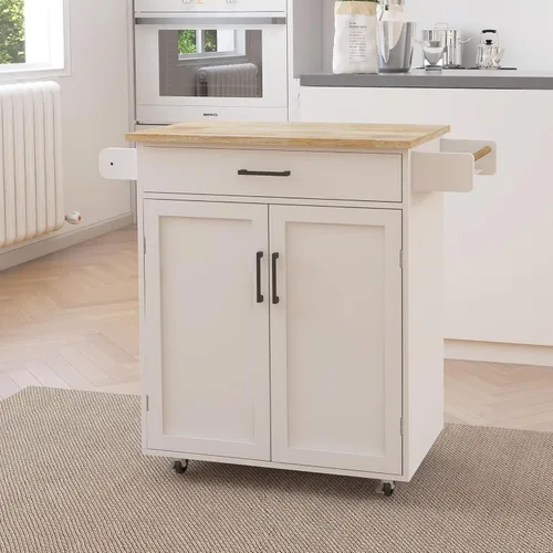 Vista 31 de RASOO Isla de cocina con almacenamiento, carrito de cocina blanco rodante sobre ruedas, estante ajustable, carrito de isla de madera maciza de goma