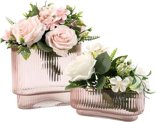 Vista 40 de Jarrón redondo de cristal, floreros para ramo, jarrones de vidrio acanalado para flores, pequeño jarrón transparente para sala de estar, oficina