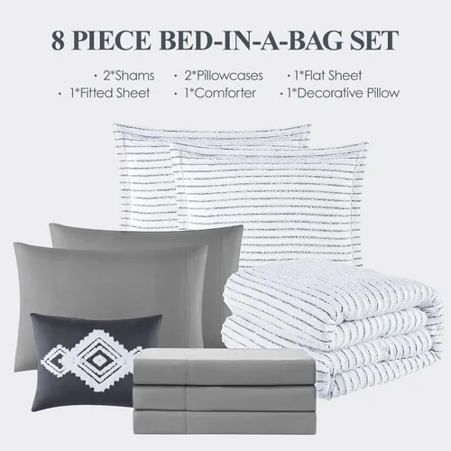 Vista 7 de WRENSONGE Juego de edredón jacquard tamaño King, juego de edredón bohemio de 8 piezas a rayas blancas y negras, juego de ropa de cama acogedor