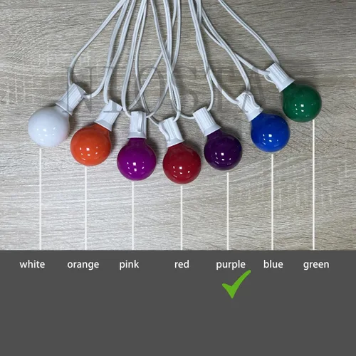Vista 6 de Paquete de 25 bombillas de repuesto G40, bombillas de vidrio incandescente de 5 W 120 V, para tira de luces E12 para exteriores, color morado