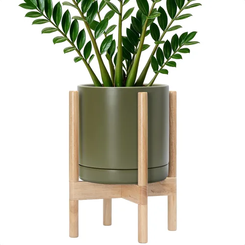 Vista 11 de D'vine Dev Maceta de cerámica con soporte de ébano – Maceta redonda moderna de 8 pulgadas con soporte para maceta de madera, color negro, 55-B-M-2
