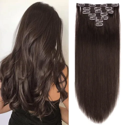 Vista 23 de Extensiones de cabello humano con clip de 14 pulgadas, 4.33 oz, 7 piezas, 16 clips, color marrón chocolate, doble trama, extensiones de cabello Remy