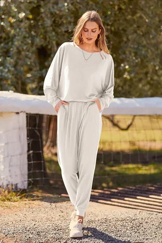 Vista 7 de PRETTYGARDEN - Conjunto de moda de 2 piezas para mujer, color liso, sudadera sin botones y de manga larga, pantalón largo