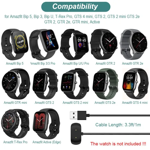 Vista 3 de Kissmart Cargador para Amazfit T-Rex Pro, Bip 5, Bip 3, Bip U Pro, GTS 4 Mini, GTS 2, GTS 2e, GTS 2, GTR 2, GTR 2e, GTR mini, cable de carga