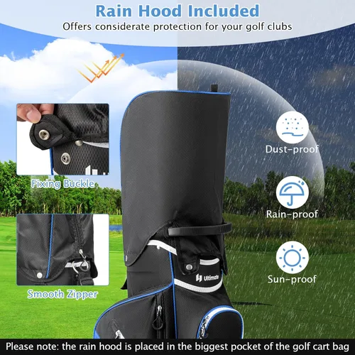 Vista 5 de GYMAX Bolsa de golf, bolsa de carrito de golf con divisor de 14 vías con 9 bolsillos con cremallera, capucha para lluvia, calcomanía para guantes