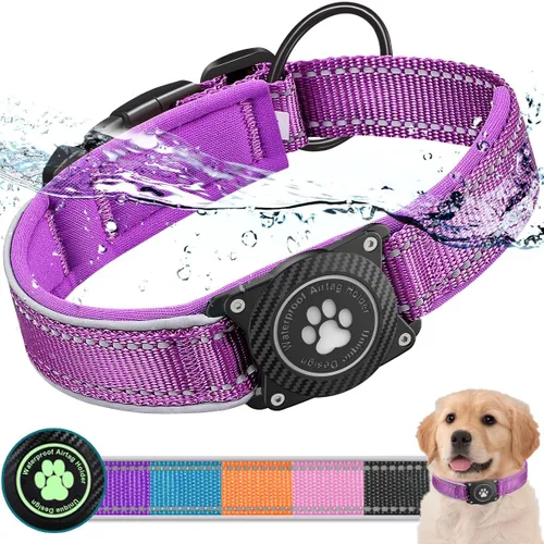 Vista 7 de Collar para perro Airtag con soporte impermeable para AirTag, luminoso reflectante, acolchado suave, collar de nailon ajustable para perros Negro