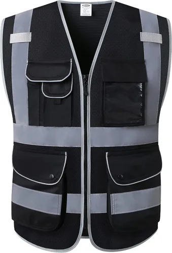 Vista 6 de JKSafety Chaleco de seguridad frontal con cremallera de alta visibilidad Clase 2 de 9 bolsillos con tiras reflectantes, cumple con las normas