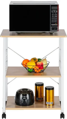Vista 7 de Estante de cocina para panadero, carrito de microondas, carrito de cocina rodante de 3 niveles con ruedas, carrito de café con estante