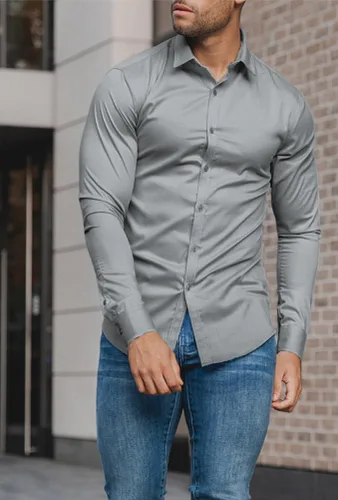 Vista 5 de Camisas de vestir para hombre, atléticas, ajustadas, de manga larga, elásticas, sin arrugas, casual, con botones