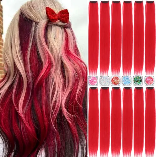 Vista 29 de Extensiones de cabello de colores, extensión de cabello liso con clip de 22 pulgadas, extensiones de cabello con brillantina multicolor arcoíris