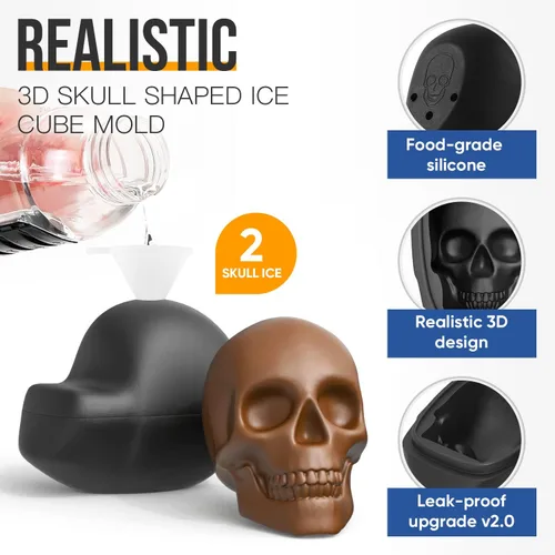 Vista 2 de HAVOER Molde para cubitos de hielo de calavera 3D extragrande, moldes flexibles de silicona para hacer hielo para whisky, bandeja para cubitos