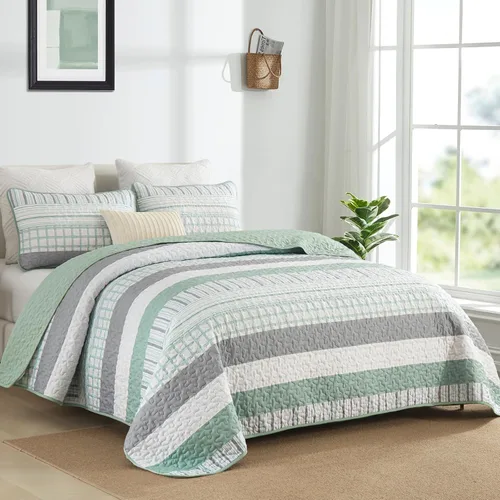Vista 2 de DJY Juego de edredón a rayas tamaño Queen, juego de colcha bohemia verde salvia de 3 piezas, juego de ropa de cama acolchada de microfibra suave