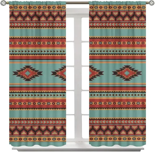 Vista 308 de Cortinas con patrón geométrico tribal, estilo suroeste, azteca, rústico, occidental, nativo americano, opacas, con bolsillo para barra, decoración