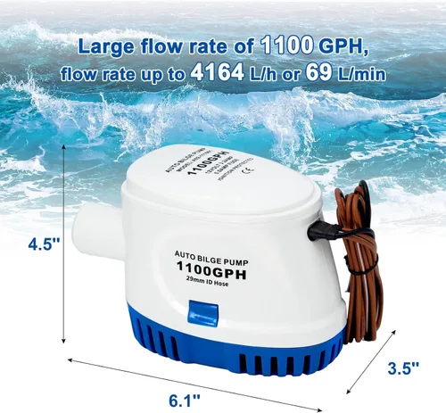 Vista 4 de Sanuke Bombas de achique automáticas de 1100 GPH, bomba de achique de agua marina de 12 V con interruptor flotante, salida de 1-1/8", bomba