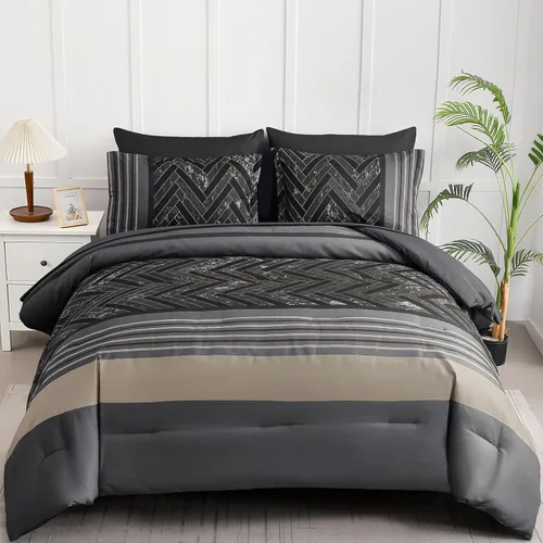 Vista 16 de Luxudecor Juego de edredón negro tamaño Queen, 7 piezas de ropa de cama geométrica a rayas en una bolsa, edredón geométrico y juego de sábanas
