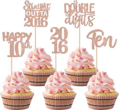 Vista 8 de 30 piezas de decoraciones para pastel de cumpleaños número 10, decoraciones de cupcakes negras con brillo, 10 feliz cumple, directo desde 2016, 10