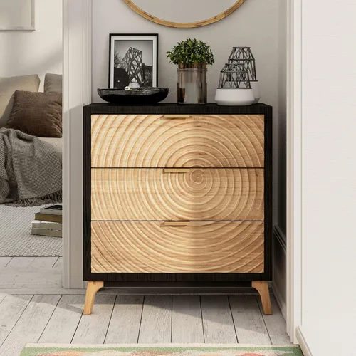 Vista 5 de LONYKE Cómoda de granja de 3 cajones totalmente montada con diseño de anillo de madera hecho a mano, mesita de noche negra para dormitorio, rústico