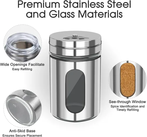 Vista 3 de 2 PIEZAS Saleros y Pimenteros de Acero Inoxidable con Orificios de Vertido Ajustables – Elegantes Dispensadores de Especias de Vidrio y Metal