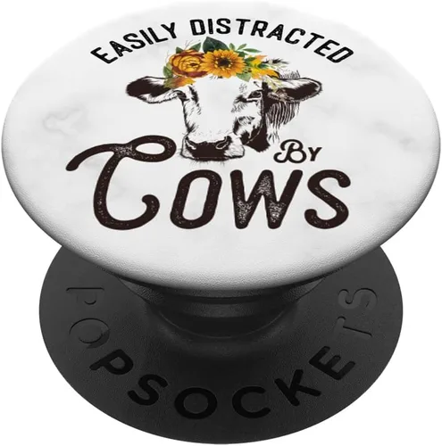 Fácilmente distraído por girasoles y vacas Heifer mujeres PopSockets agarre y soporte para teléfonos y tabletas, Negro