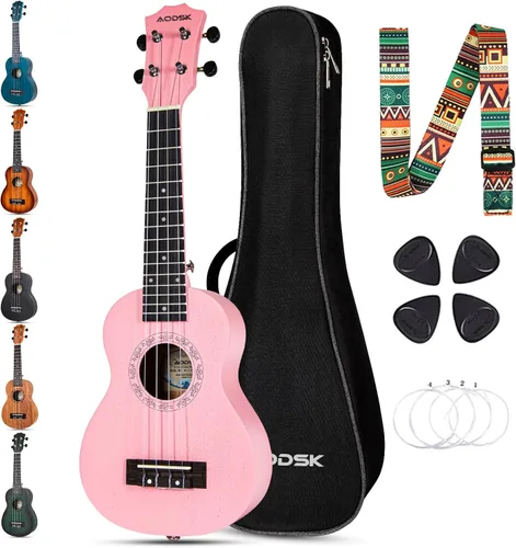 Vista 12 de AODSK Ukelele soprano para principiantes, kit de ukelele de 21 pulgadas con bolsa de concierto, correa, afinador, cuerdas de nailon, 4 púas, paño