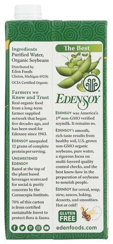 Vista 4 de Edensoy Leche de soya orgánica sin endulzar Eden, sin OMG, leche de soya (soja) entera de EE. UU., sin lácteos, vegana, natural, no perecedera, 32 oz
