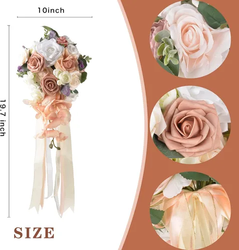 Vista 2 de ChezMax Ramo de novia de boda, rosas artificiales para novia con cintas, ramo de flores falsas de dama de honor de 11.8 pulgadas, ramo en cascada