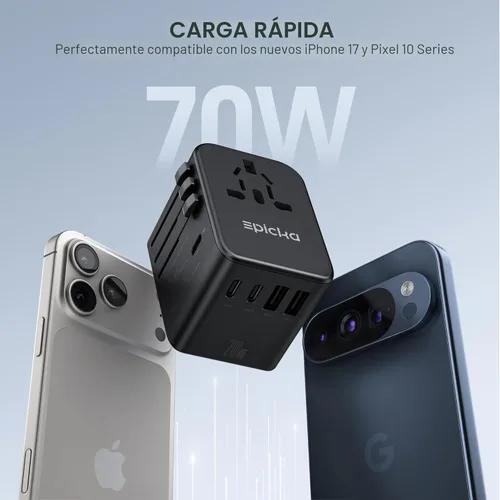 Vista 2 de EPICKA Adaptador de viaje universal, adaptador de enchufe internacional GaN con 3 USB-C de carga rápida PD de 70W y 2 USB-A todo en uno cargador