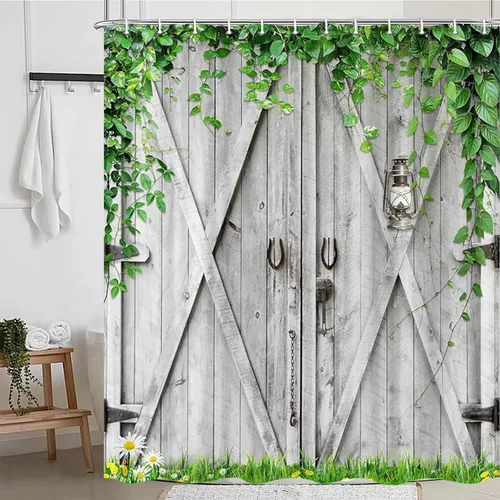 Vista 12 de Cortina de ducha de puerta de granero rústica de tamaño pequeño para baño, juegos de cortinas de decoración de baño de tablones de madera retro