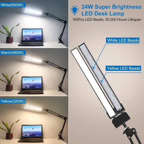 Vista 2 de Lámpara de escritorio LED, lámparas de escritorio de doble cabezal para oficina en casa, lámpara de escritorio de arquitecto de 24 W, 1300 lm, luz