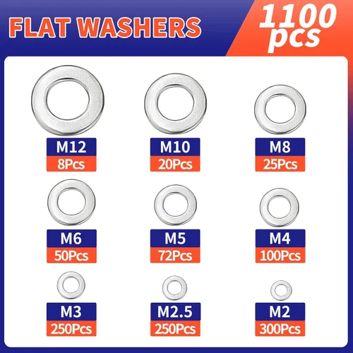 Vista 4 de Kit de surtido de 1100 arandelas planas – Acero inoxidable 304, 9 tamaños métricos (M2–M12), arandelas de metal para tornillos y pernos – Ideal