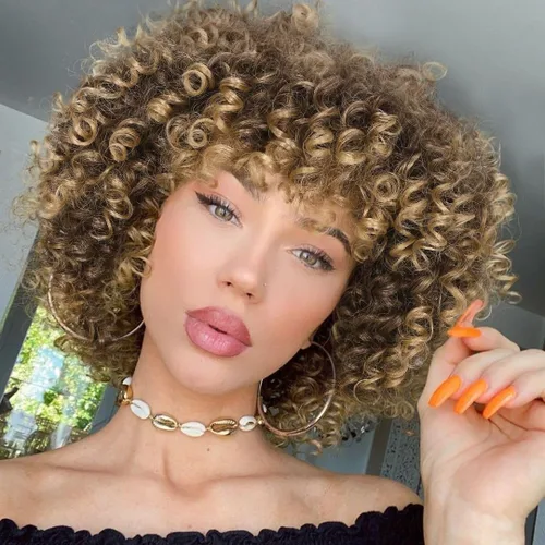 Vista 9 de Peluca afro rizada con flequillo, peluca corta rizada para mujer, peluca sintética rizada marrón degradado, longitud al hombro, peluca afro sin