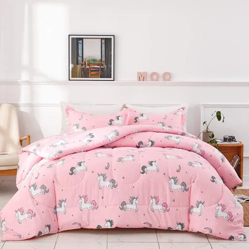 Vista 3 de UOZZI BEDDING Bed in a Bag - Juego de edredón reversible de 6 piezas, tamaño individual, color rosa unicornio con estrella arcoíris, microfibra