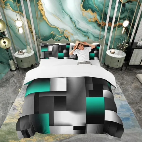 Vista 49 de Funda de edredón cuadrada azul, juego de ropa de cama de cuadrícula gris y blanca, funda de edredón moderna para decoración de habitación de niños