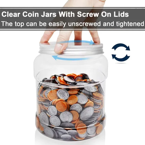 Vista 3 de Yamahiko Paquete de 2 tarros grandes transparentes para monedas con tapa ranurada, caja de cambio de punta de dinero de plástico grande para monedas