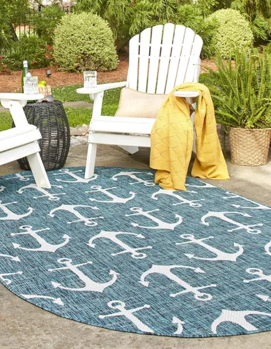 Vista 46 de Unique Loom - Alfombra octagonal de la colección Outdoor Coastal, estilo Ahoy (5 pies 3 pulgadas, azul/marfil)