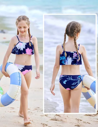 Vista 3 de Arshiner Traje de baño de dos piezas para niñas, conjunto de bikini con volantes, tankini con volantes